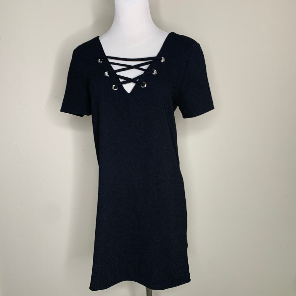 Black Lace Up Wide Neck Mini Sheath Dress  Small